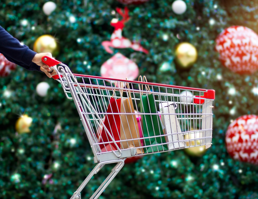 Shopping cart with holiday imagery