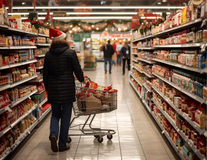 Holiday shopper in-store aisle. Walkbase tech captures Dwell Time – The difference between a glance and a purchase. 